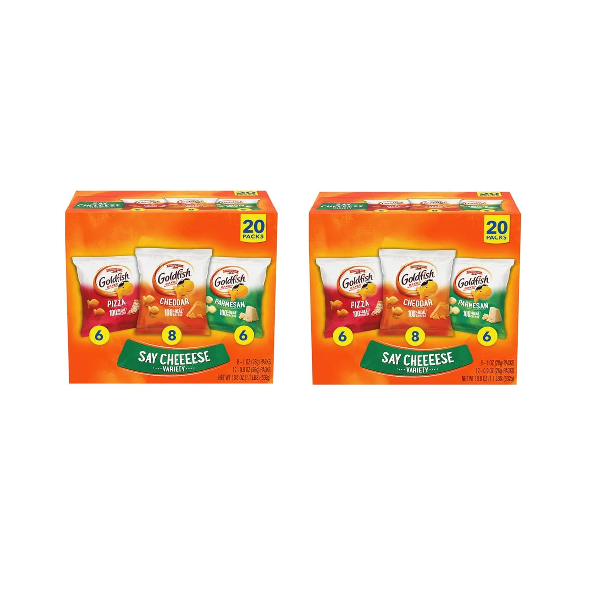 Goldfish Crackers Say Cheeeese Variety Pack with Cheddar, Pizza and Parmesan, Snack Packs, 20 Ct (Pack of 2)