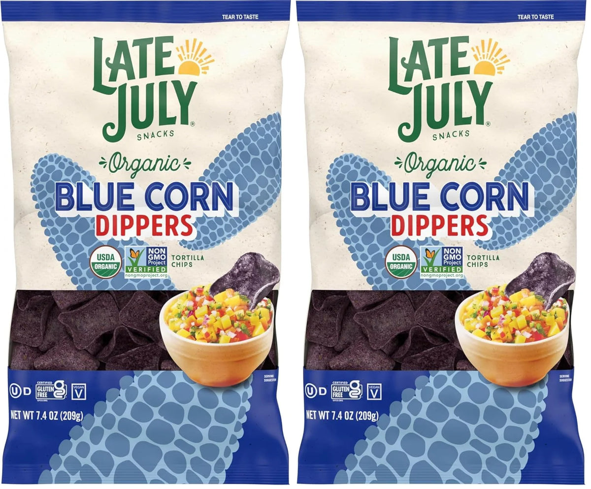 Late July Blue Corn Dippers Organic Tortilla Chips, 7.4 Oz Bag (Pack of 2)