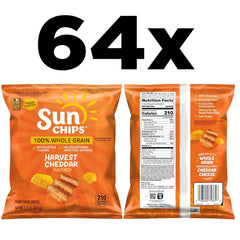 SunChips 100% Whole Grain Chips, Harvest Cheddar, 1.5 oz Bag, Pack of 64, No Artificial Flavors, No Colors from Artificial Sources