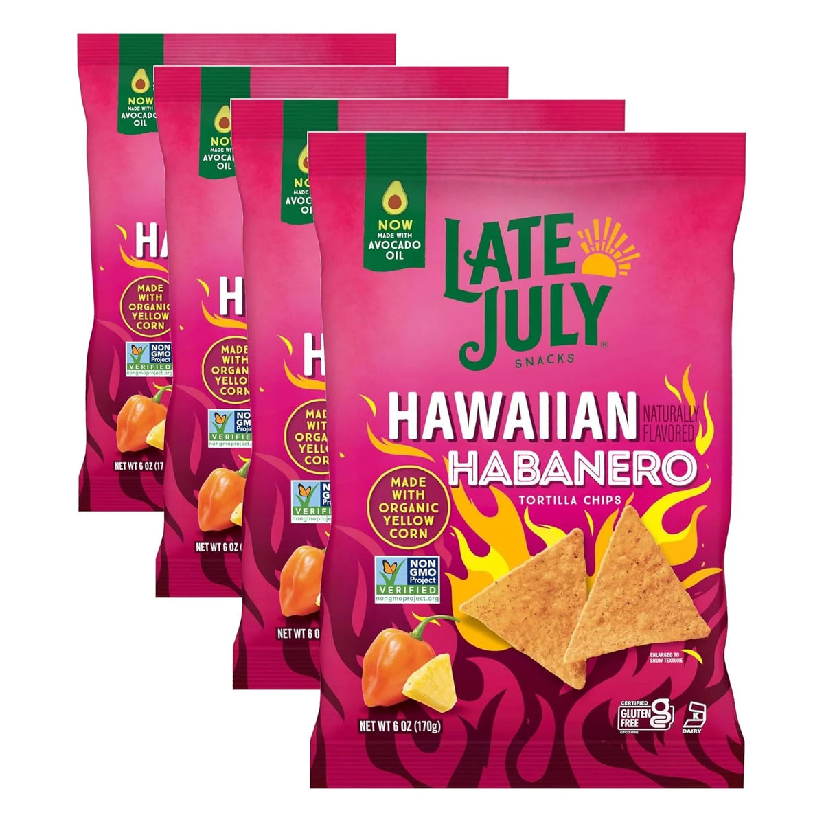 LATE JULY Snacks Hawaiian Habanero Tortilla Chips, 6 Oz Bag (Pack of 4)