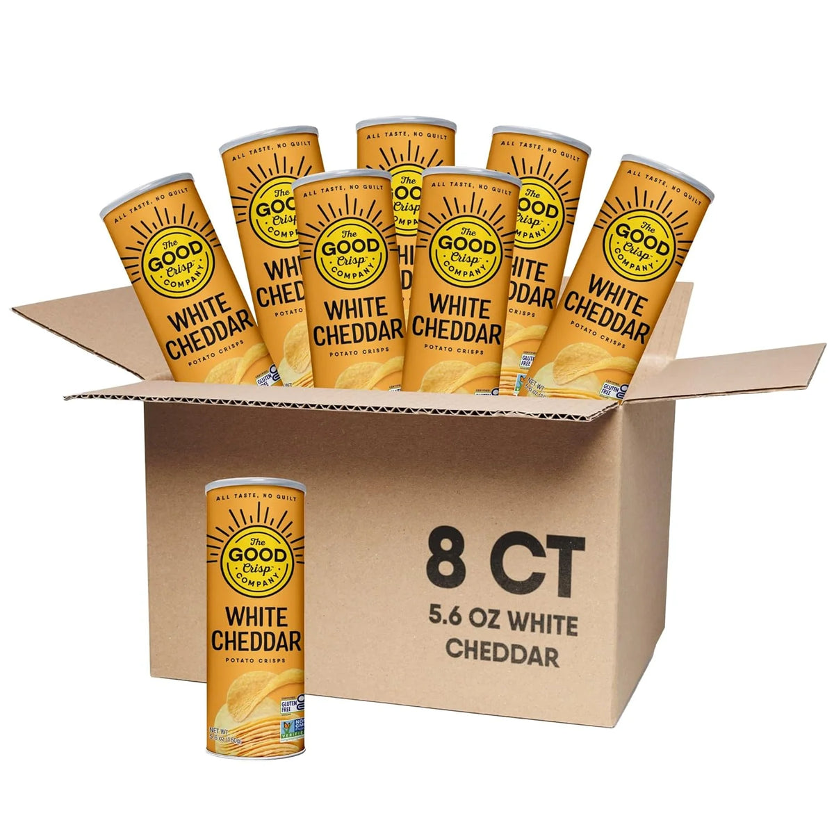 The Good Crisp Company White Cheddar Potato Chips, 5.6 oz Cans, Pack of 8 | Certified gluten-free; Non-GMO ingredients; Free from major allergens; No artificial flavors or colors