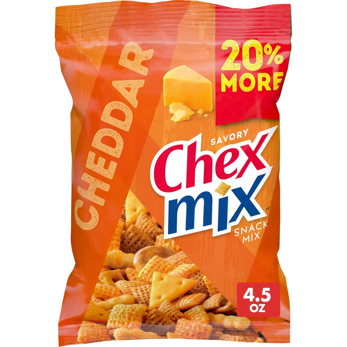 Chex Mix Savory Cheddar Snack Mix, 4.5 OZ | Single Serve Bags, Bold Cheddar Flavor, Variety of Pieces, Bulk , On-the-Go Snack