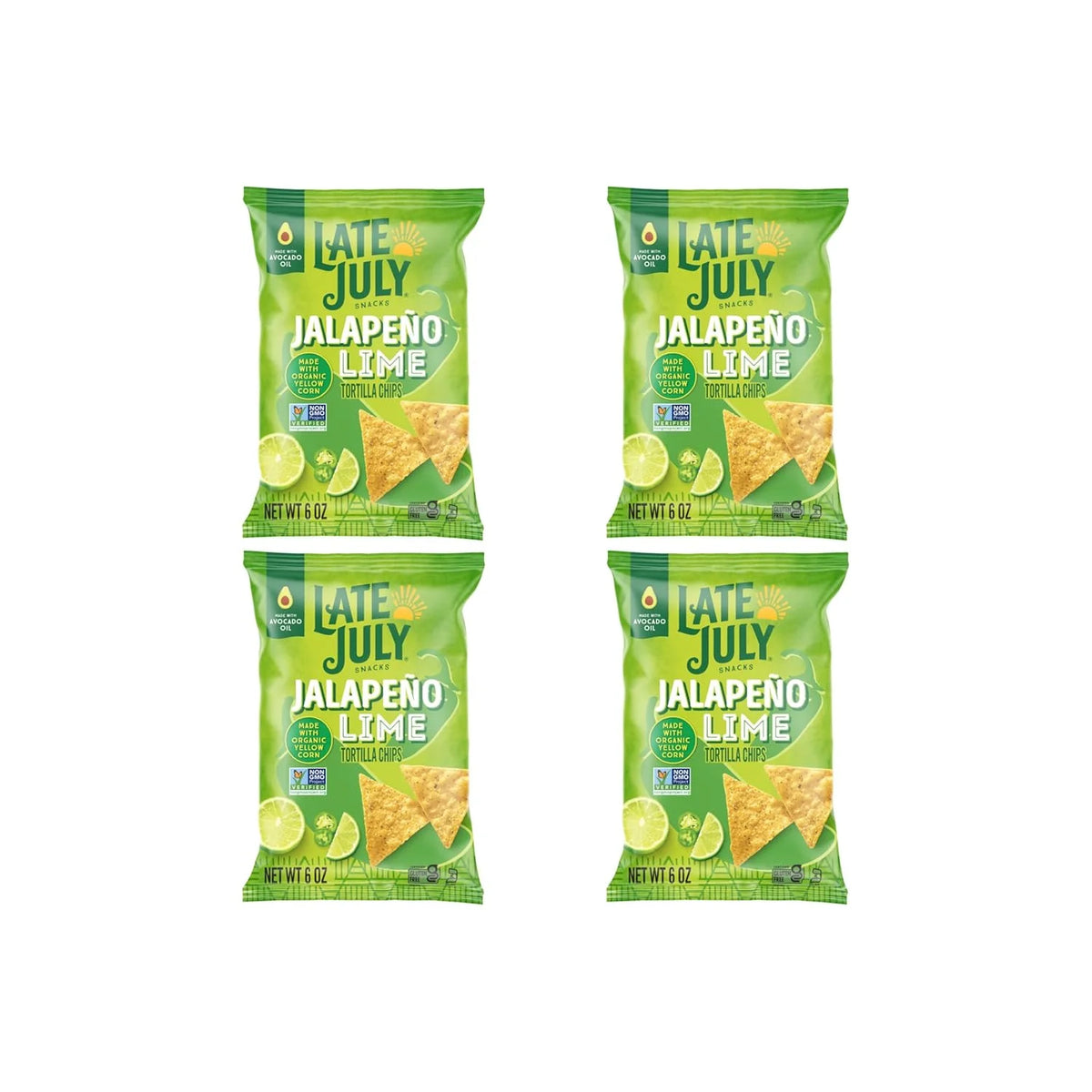 LATE JULY Snacks Jalapeno Lime Tortilla Chips, 6 Oz Bag (Pack of 4)