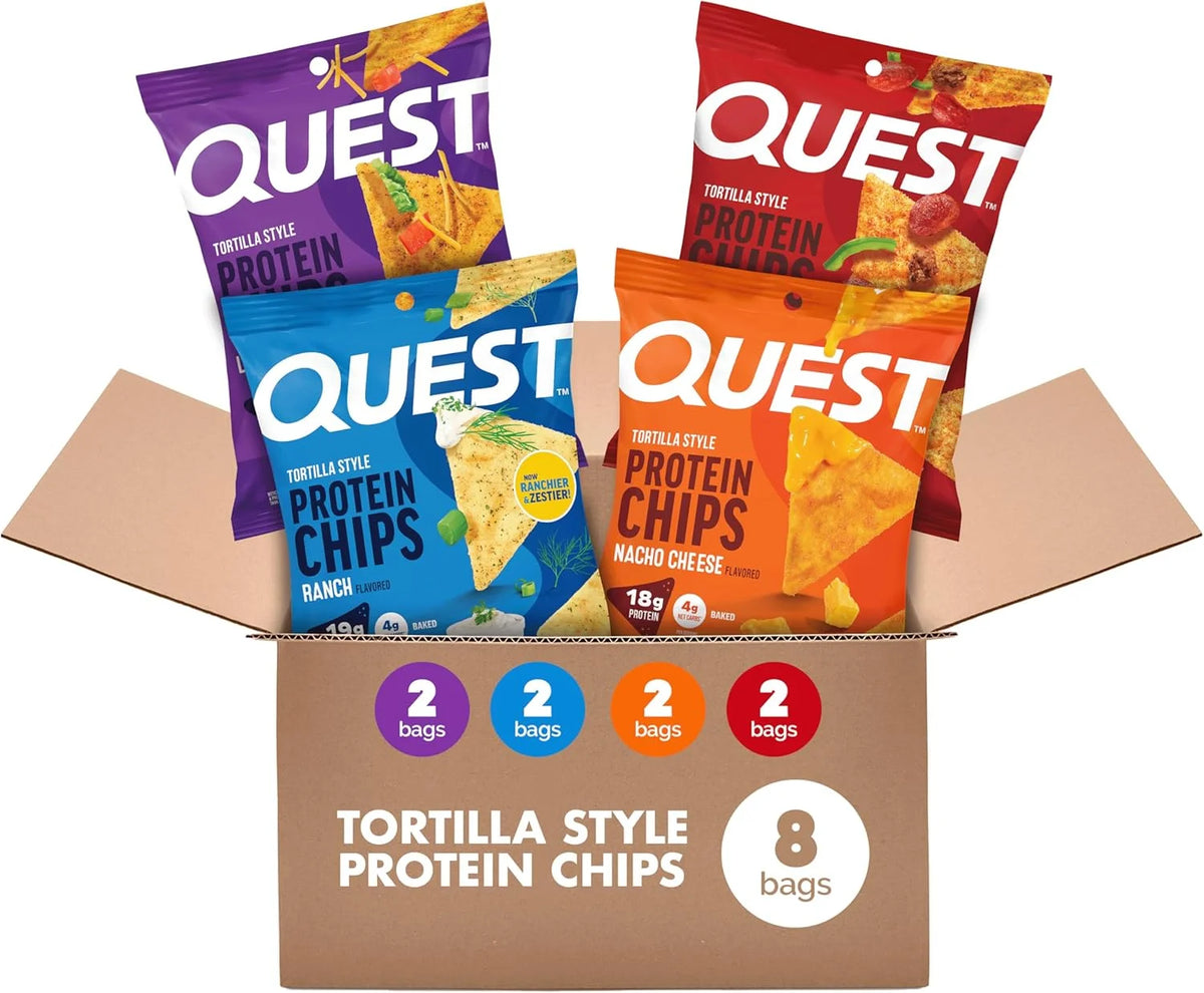 Quest Nutrition Tortilla Style Protein Chips, Salty Snack Variety Pack, Pizza, Loaded Taco, Nacho Cheese, Ranch, High Protein Snack, Low Carb, Gluten Free, 1.1 oz (Pack of 8) 2 each flavor